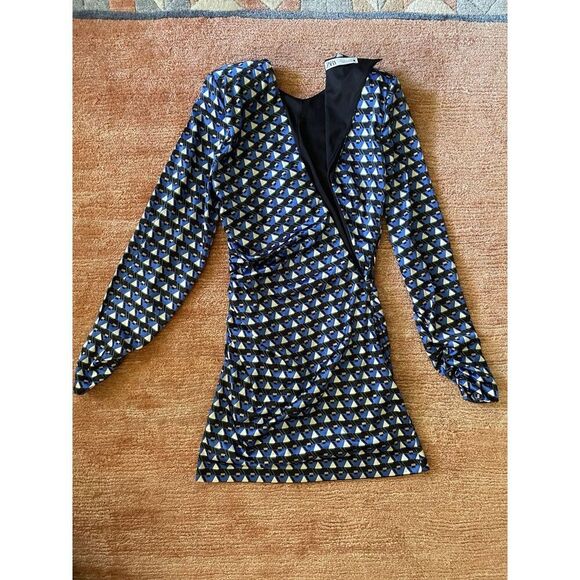 Zara Blue Geometric Print Mini Dress Ruched Long Sleeve Size S - Picture 7 of 9